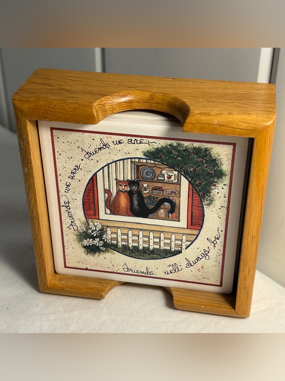 Vintage cat ceramic tile coasters Set 3 with wooden caddy holder D. Morgan art